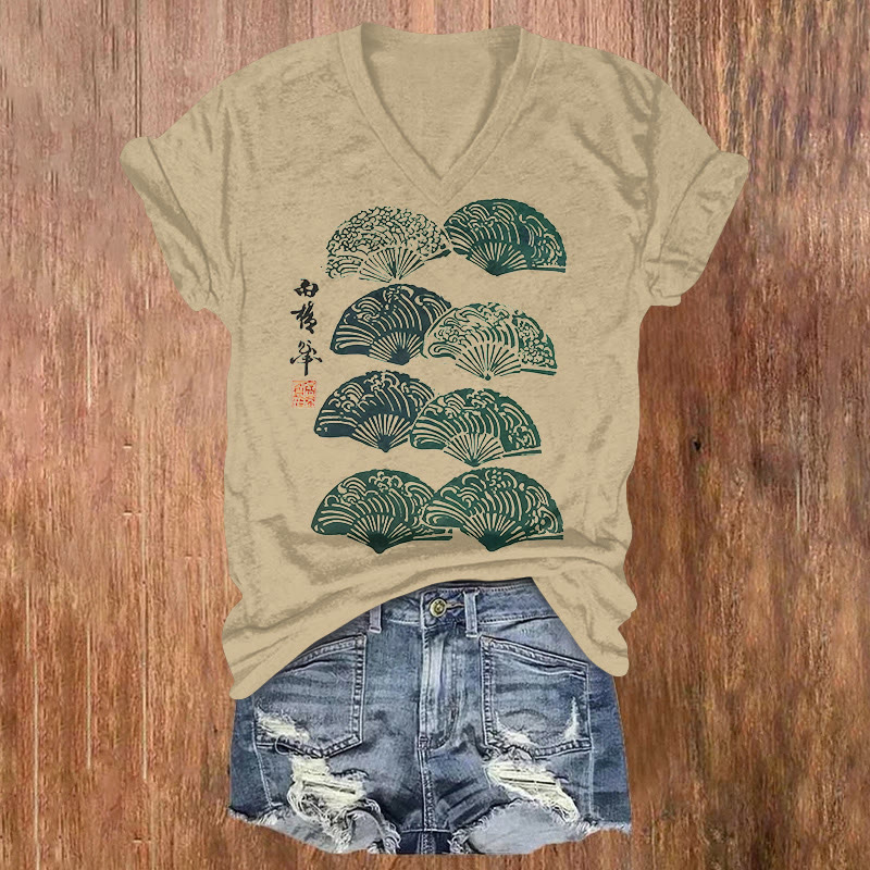 Japanese Vintage Fan Pattern Print Short Sleeved V-neck T-shirt - Khaki - US32-34(5XL) - image 1