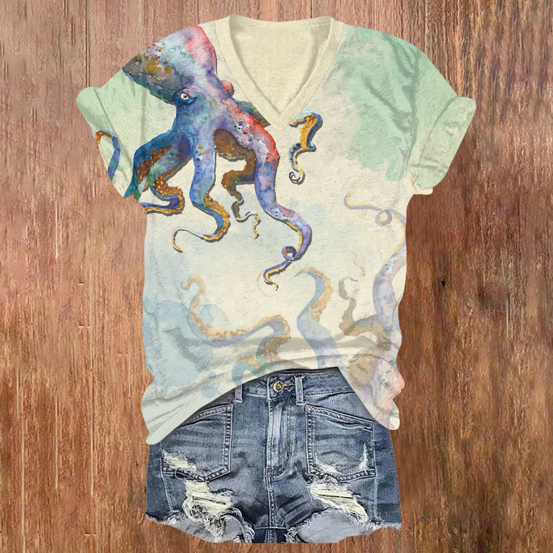 Ocean Watercolor Octopus Pattern Print Short Sleeved V-neck T-shirt - Apricot - US32-34(5XL) - image 1