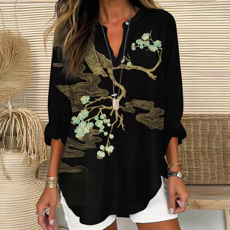 Vintage Floral Art Print V Neck Long Sleeve Blouse - Black - 8XL - image 1