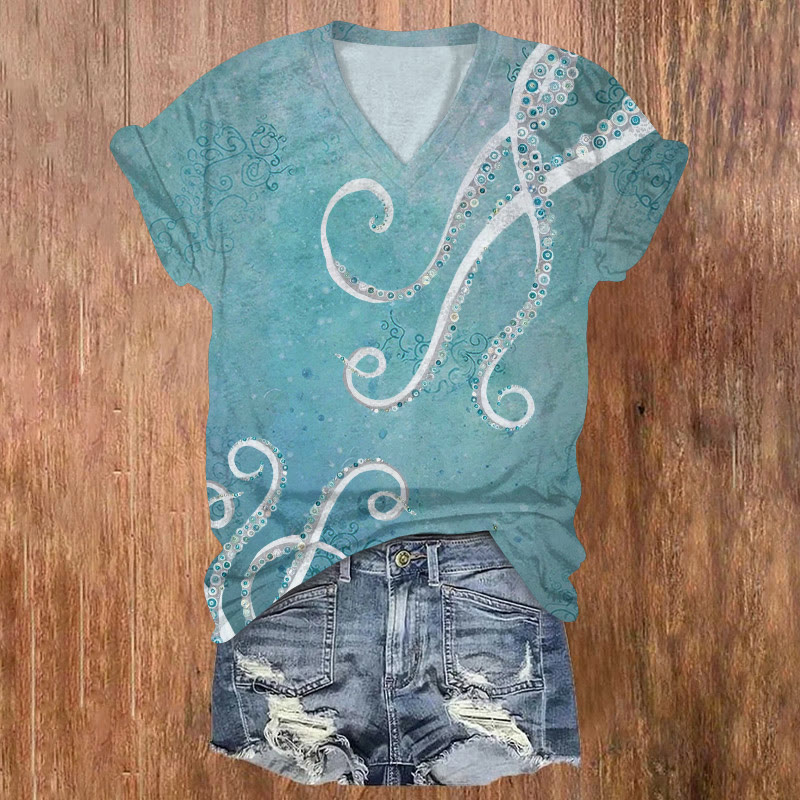 Ocean Watercolor Octopus Tentacles Pattern Print Short Sleeved V-neck T-shirt - Light Blue - US32-34(5XL) - image 1