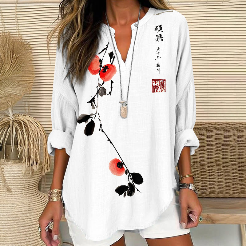 Japanese Watercolor Persimmon Fruit Art Print V Neck Long Sleeve Blouse - White - 8XL - image 1