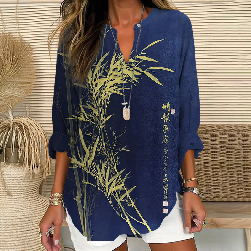 Vintage Watercolor Bamboo Pattern Art Print V Neck Long Sleeve Blouse - Blue - 8XL - image 1