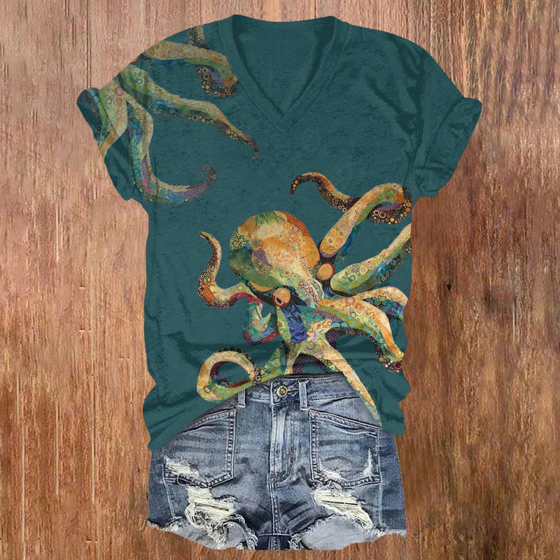 Ocean Octopus Geometric Patchwork Pattern Print Short Sleeved V-neck T-shirt - Green - US32-34(5XL) - image 2