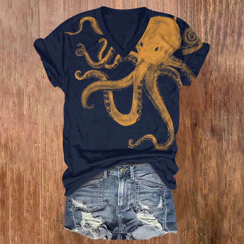 Ocean Octopus Hand Drawn Pattern Print Short Sleeved V-neck T-shirt - Navy Blue - US32-34(5XL) - image 1