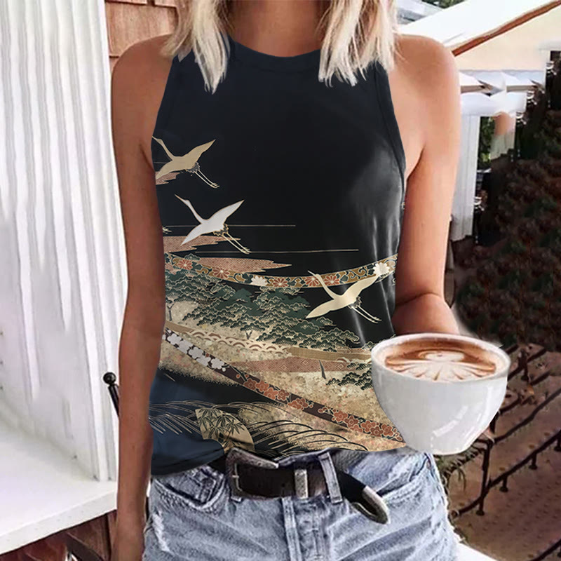 White Cranes Flying Across The Mountain Print Crew Neck Tank Top - Black - 5XL - image 1