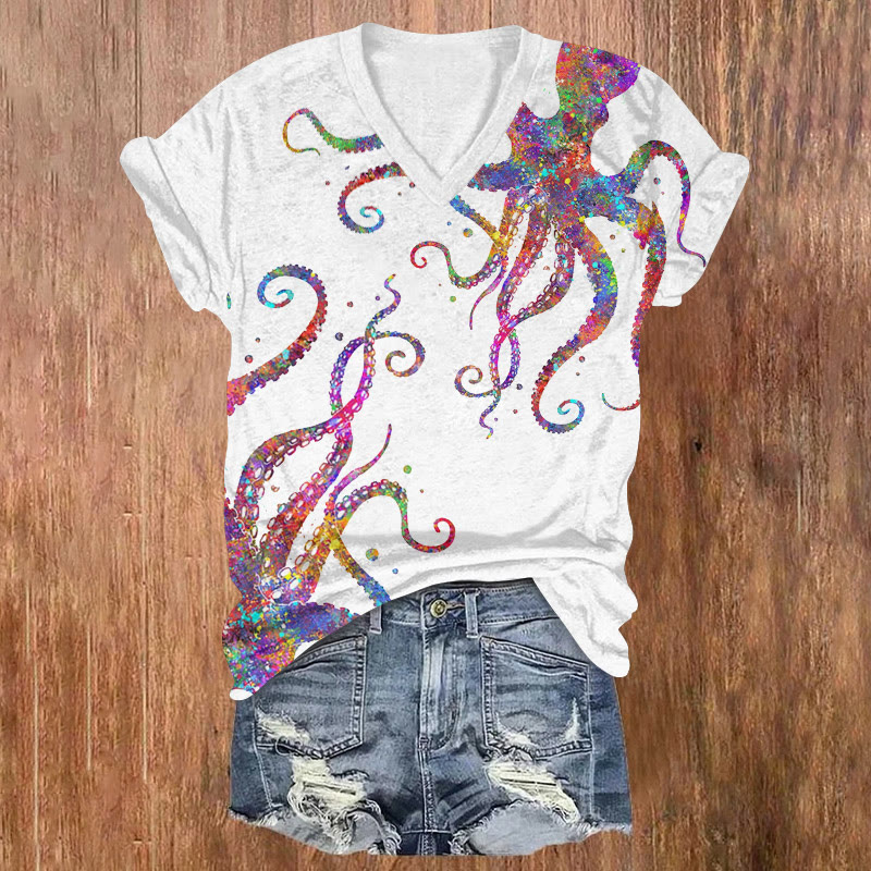 Ocean Colorful Iridescent Octopus Pattern Print Short Sleeved V-neck T-shirt - White - US32-34(5XL) - image 2