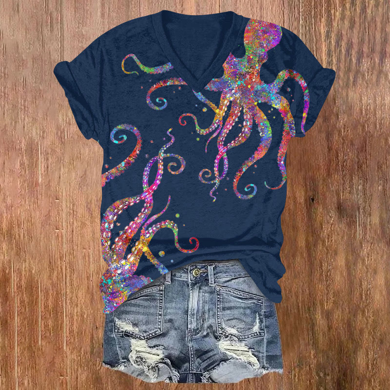Ocean Colorful Iridescent Octopus Pattern Print Short Sleeved V-neck T-shirt - Dark Blue - US32-34(5XL) - image 1