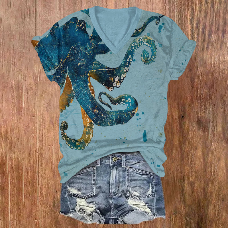 Ocean Ink-wash Gold Line Octopus Pattern Print Short Sleeved V-neck T-shirt - Light Green - US32-34(5XL) - image 2
