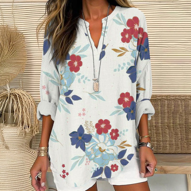 Independence Day Patriot Red and Blue Flower Art Print V Neck Long Sleeve Blouse - White - 8XL - image 1