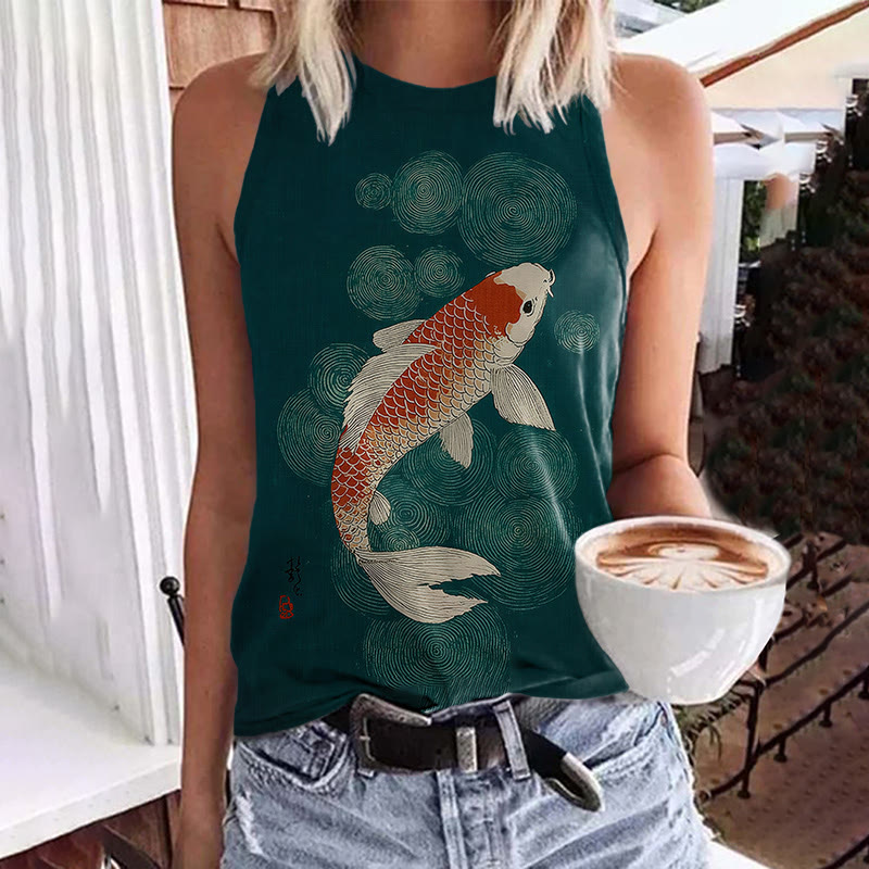 Retro Koi Art Print Crew Neck Tank Top - Green - 5XL - image 1