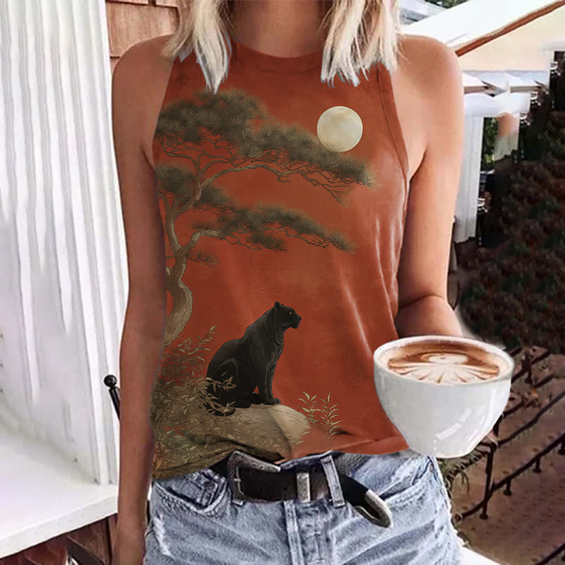 Japanese Black Panther And Full Moon Scene Print Crew Neck Tank Top - Red - 5XL - image 1