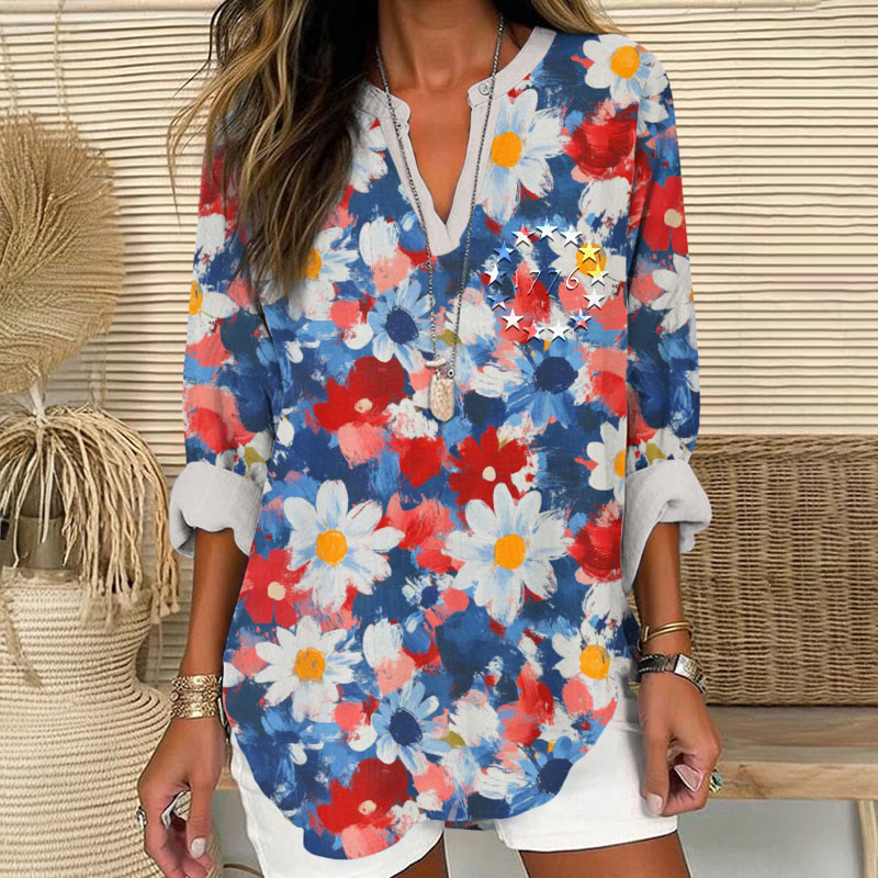 Independence Day 1776 Patriotic Blue And Red Floral Oil Painting Print V Neck Long Sleeve Blouse - Blue - 8XL - image 1
