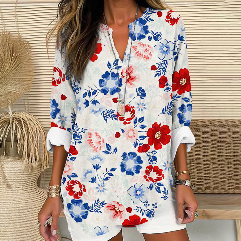 Independence Day Patriot Blue And Red Flowers Print V Neck Long Sleeve Blouse - White - 8XL - image 1