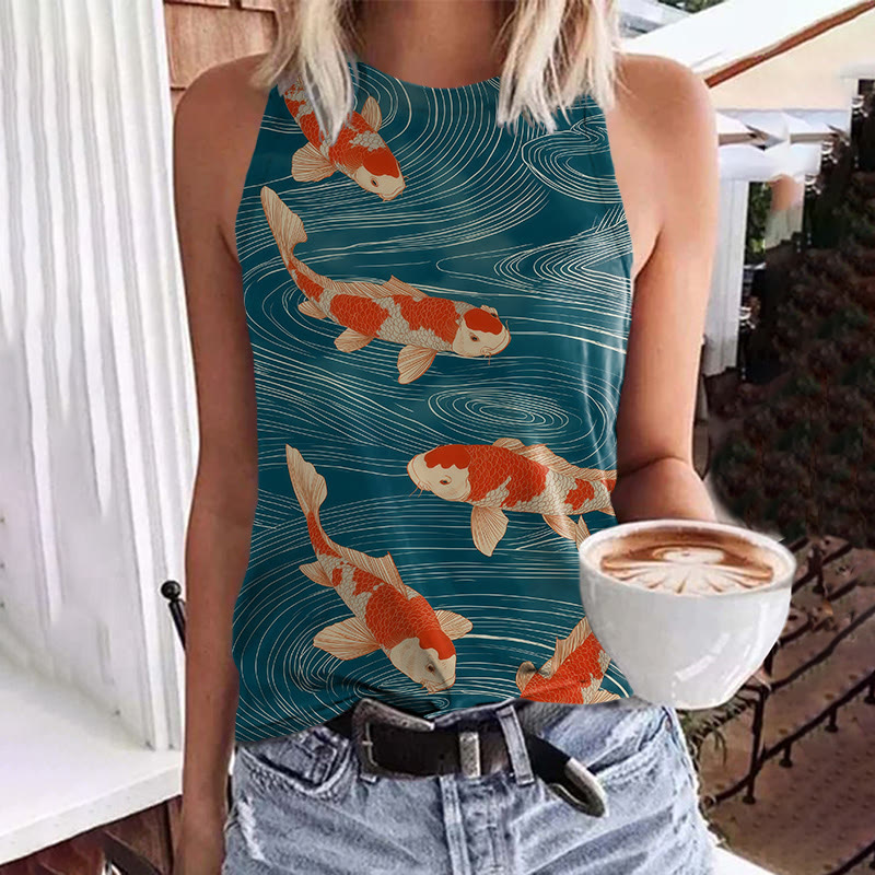 Retro Red Koi Carp Art Print Crew Neck Tank Top - Blue - 5XL - image 1
