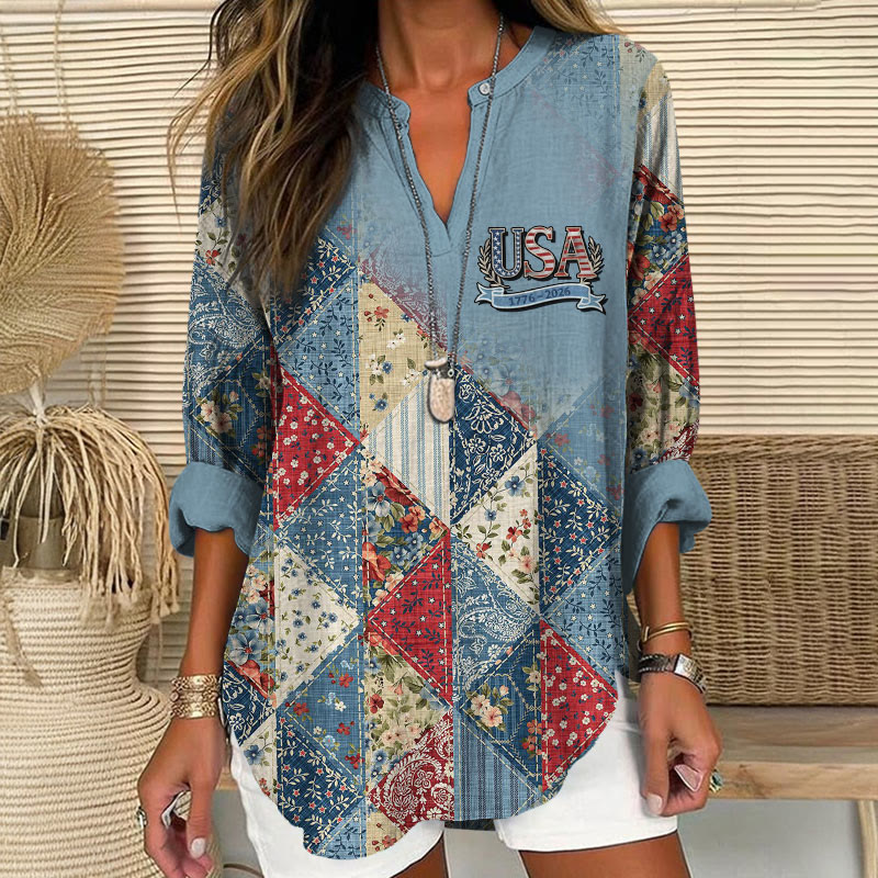 250th Independence Day Patchwork Gradient Print V Neck Long Sleeve Blouse - Blue - 8XL - image 1