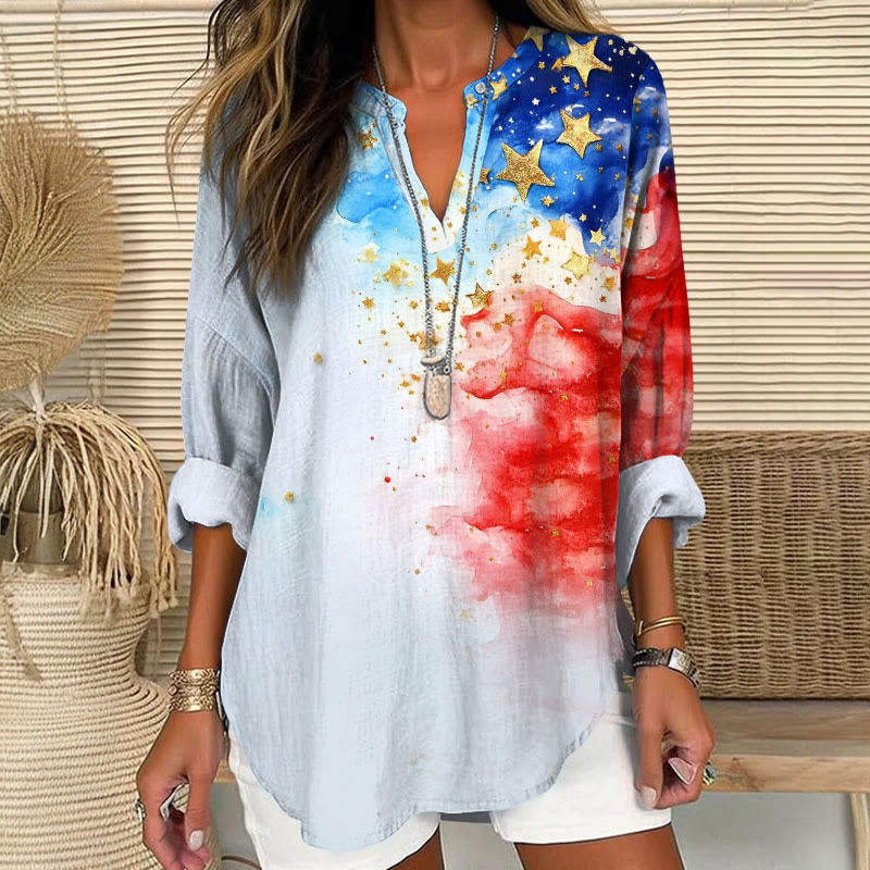 Independence Day Flag Watercolor Gradient Stars Print V Neck Long Sleeve Blouse - White - 8XL - image 1