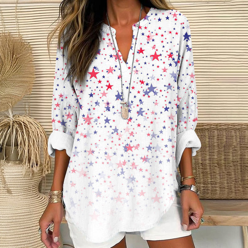 Independence Day Red And Blue Stars Gradient Print V Neck Long Sleeve Blouse - White - 8XL - image 1