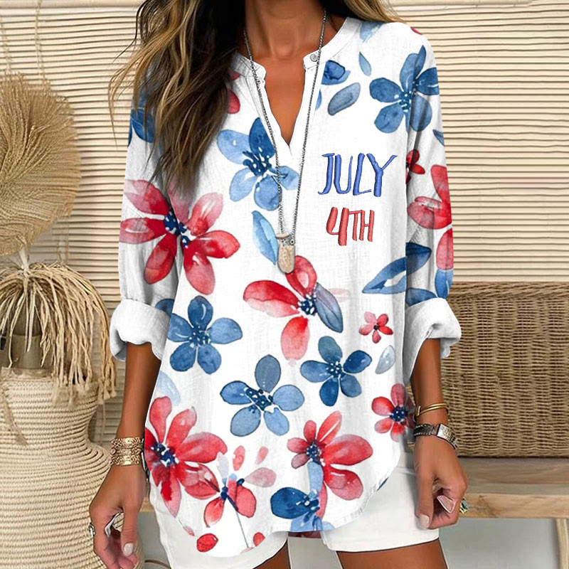 July 4th Independence Day Watercolor Flowers Print V Neck Long Sleeve Blouse - White - 8XL - image 1