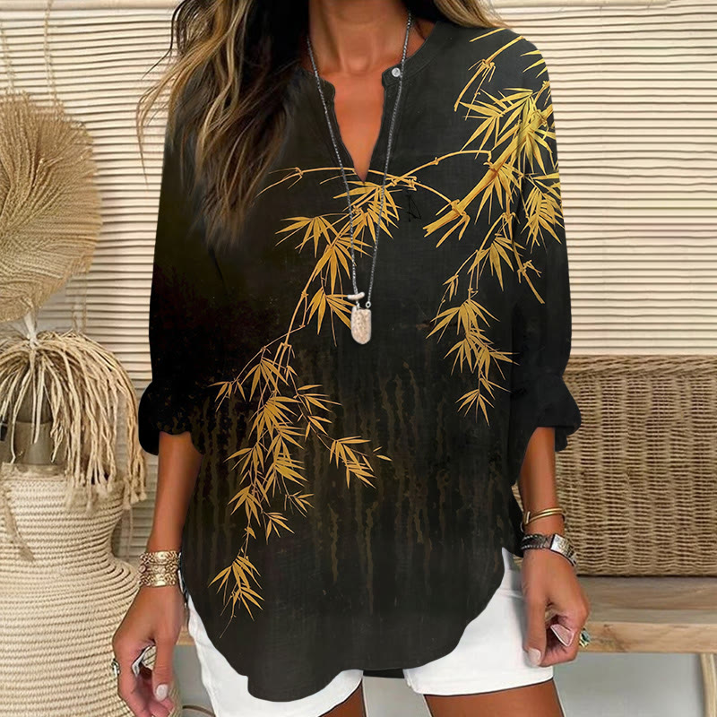 Vintage Golden Bamboo Art Print V Neck Long Sleeve Blouse - Black - 8XL - image 1