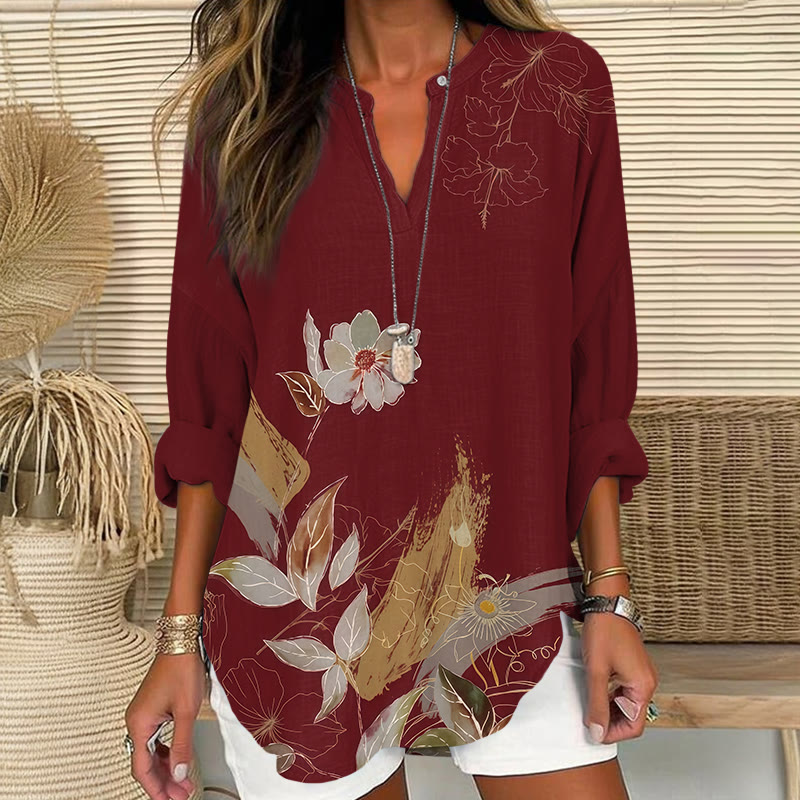 Retro Floral Art Print V Neck Long Sleeve Blouse - Red - 8XL - image 1