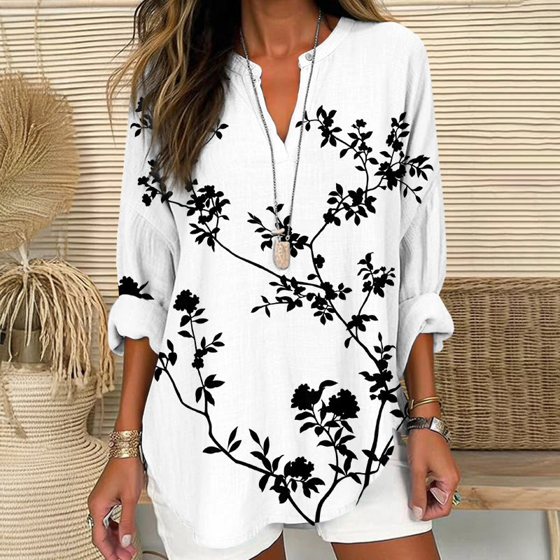 Retro Watercolor Floral Art Print V Neck Long Sleeve Blouse - White - 8XL - image 1