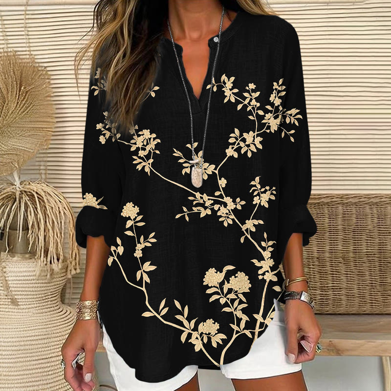 Retro Watercolor Floral Art Print V Neck Long Sleeve Blouse - Black - 8XL - image 2
