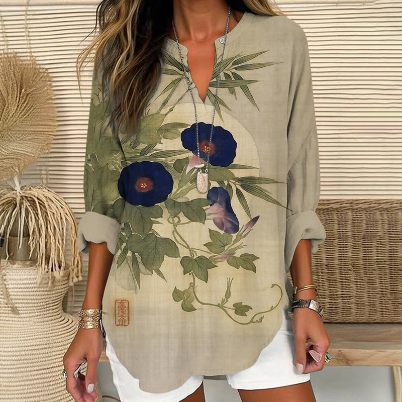 Retro Morning Glory Pattern Art Print V Neck Long Sleeve Blouse - Light Gray - 8XL - image 1