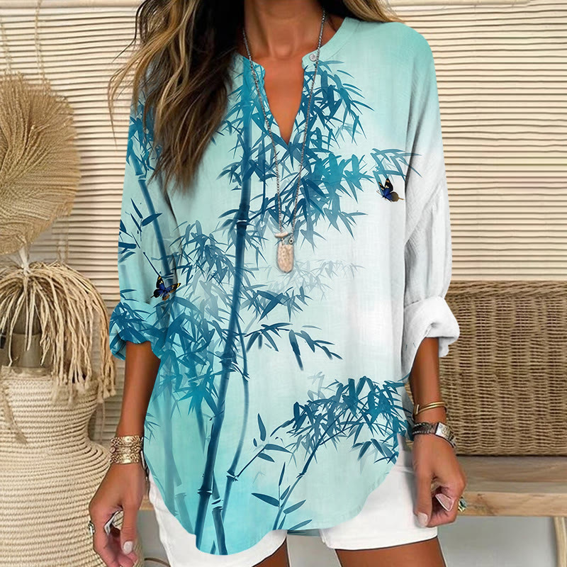 Creative Blue Bamboo Art Print V Neck Long Sleeve Blouse - Blue - 8XL - image 1