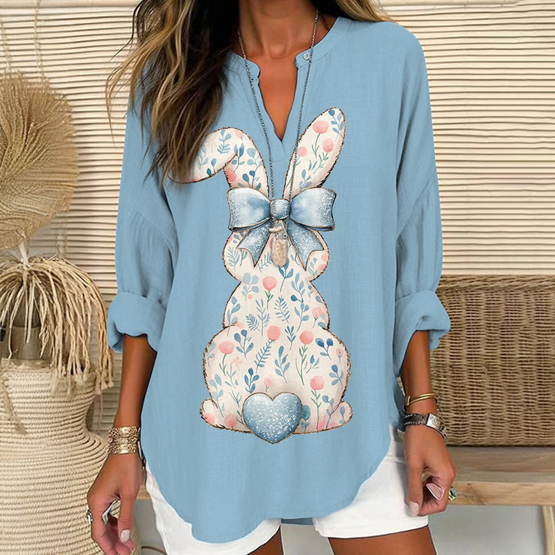 Lovely Floral Bunny Art Print V Neck Long Sleeve Blouse - Blue - 8XL - image 1