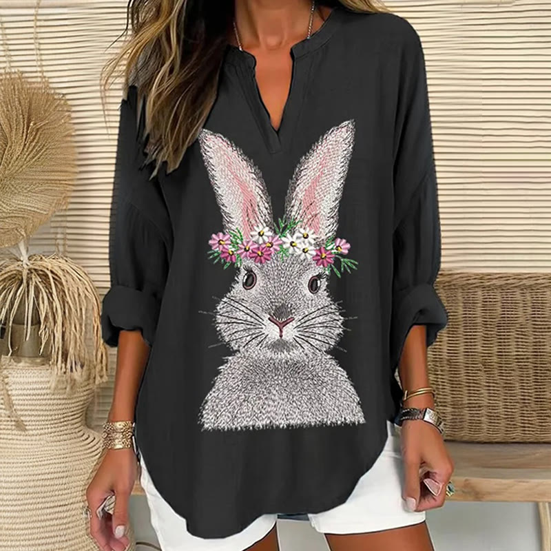 Cute Bunny With Wreath Art Print V Neck Long Sleeve Blouse - Black - 8XL - image 2