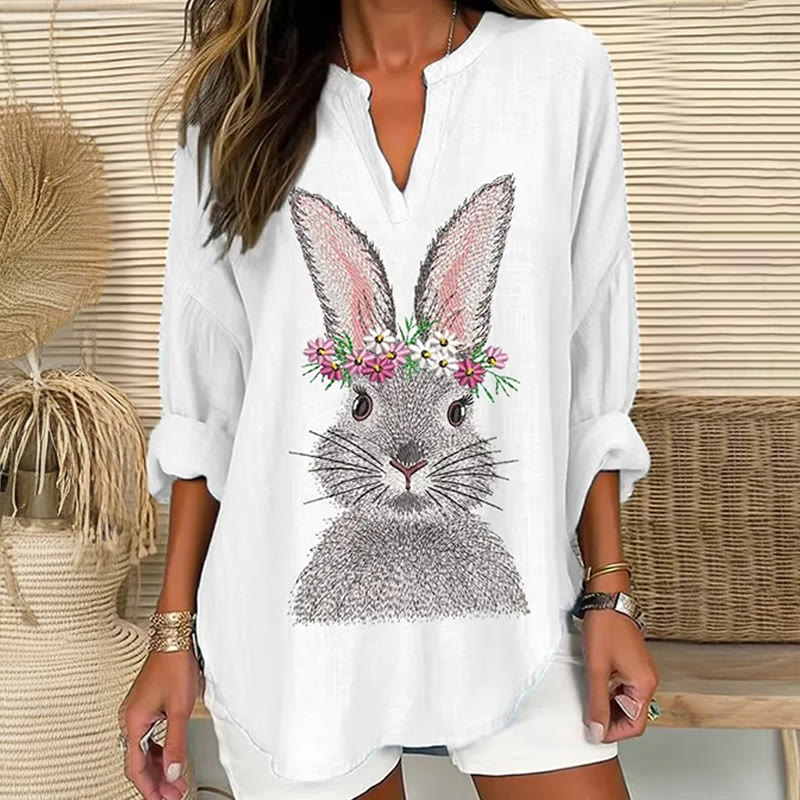 Cute Bunny With Wreath Art Print V Neck Long Sleeve Blouse - White - 8XL - image 1