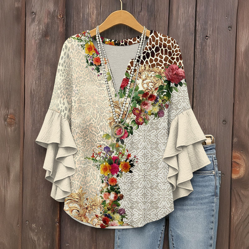Retro Leopard Print Flowers Print V-neck Half Sleeve Blouse - Beige - 5XL - image 1