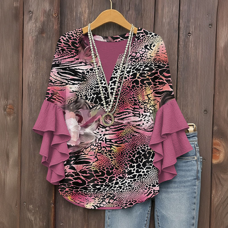 Retro Leopard Print Contrast Print V-neck Half Sleeve Blouse - Purple - 5XL - image 1
