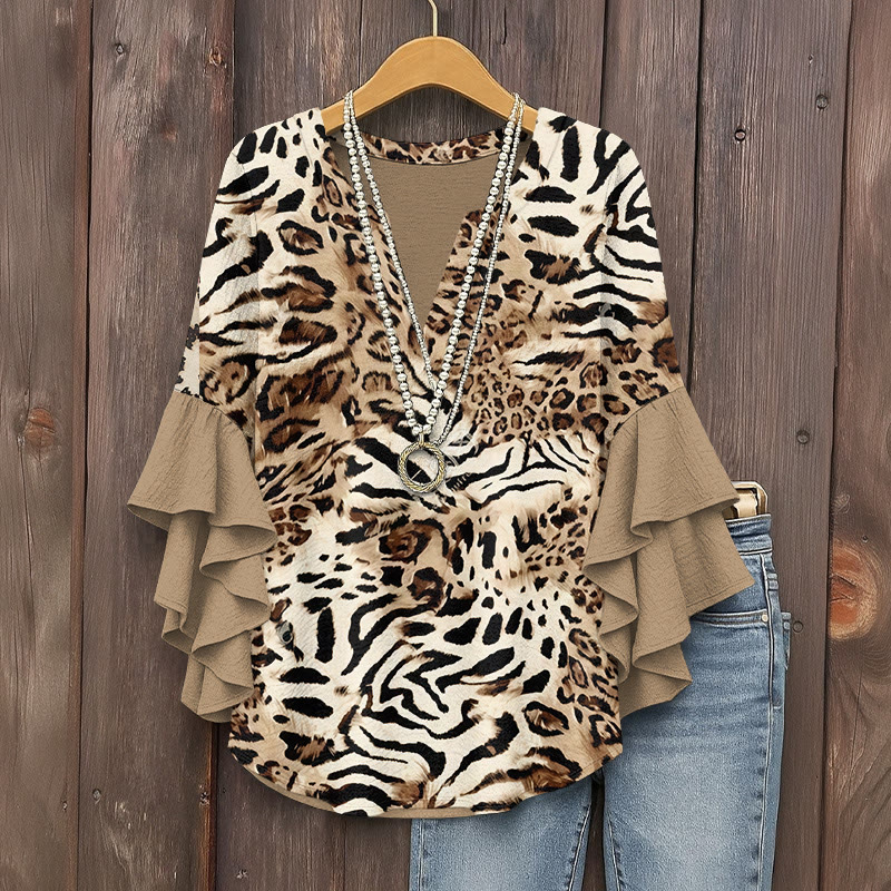 Retro Leopard Print Pattern Print V-neck Half Sleeve Blouse - Brown - 5XL - image 1