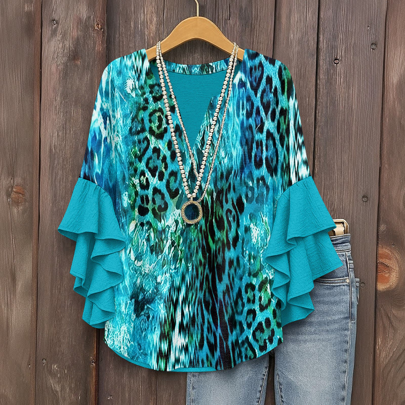 Blue Leopard Print Art Print V-neck Half Sleeve Blouse - Blue - 5XL - image 1