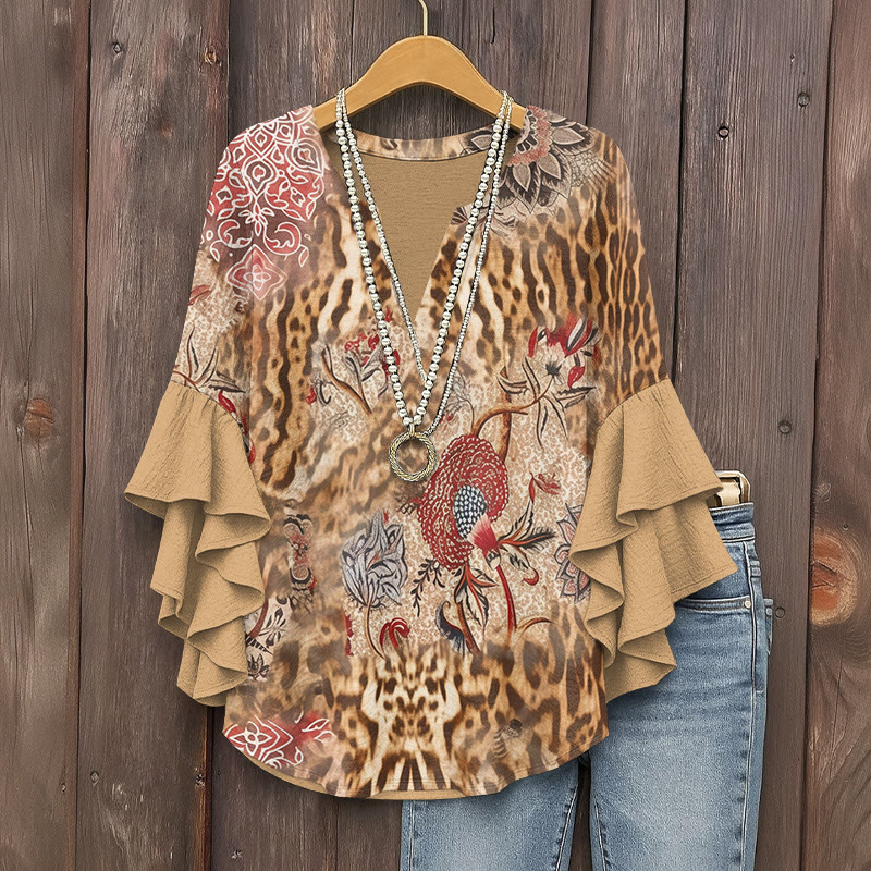 Retro Leopard Print Splicing Floral Print V-neck Half Sleeve Blouse - Khaki - 5XL - image 1