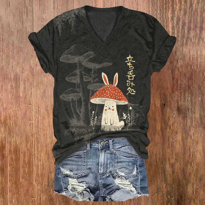 Retro Japanese Easter Mushroom Bunny Pattern Print Short Sleeved V-neck T-shirt - Black - US32-34(5XL) - image 1