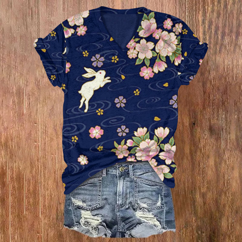 Retro Japanese Easter Cherry Blossom Bunny Pattern Print Short Sleeved V-neck T-shirt - Blue - US32-34(5XL) - image 1