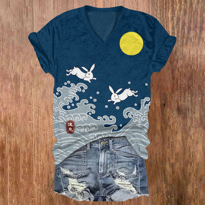 Retro Japanese Easter Wave Bunny Pattern Print Short Sleeved V-neck T-shirt - Blue - US32-34(5XL) - image 1