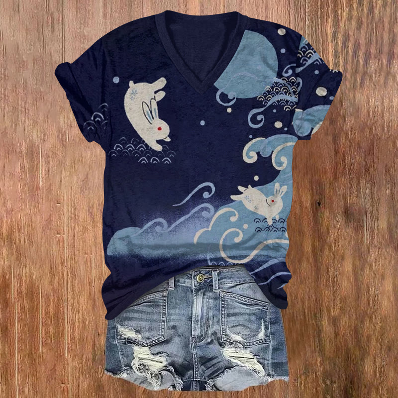 Retro Japanese Easter Bunny Chase Pattern Print Short Sleeved V-neck T-shirt - Blue - US32-34(5XL) - image 1