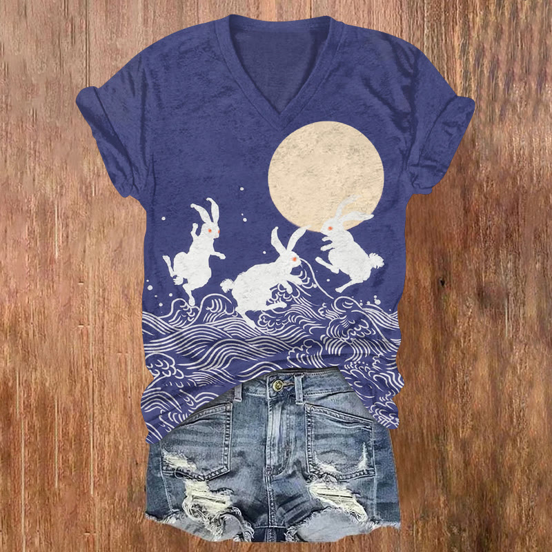 Retro Japanese Easter Bunny Dance Pattern Print Short Sleeved V-neck T-shirt - Blue - US32-34(5XL) - image 1