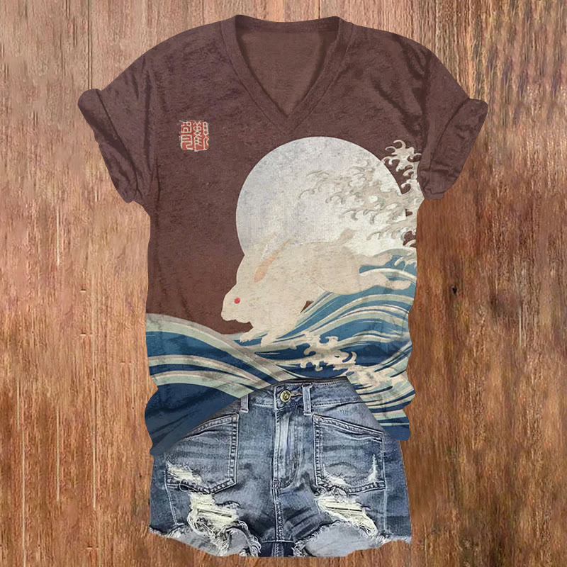 Retro Japanese Easter Bunny Runs On The Waves Pattern Print Short Sleeved V-neck T-shirt - Coffee - US32-34(5XL) - image 1