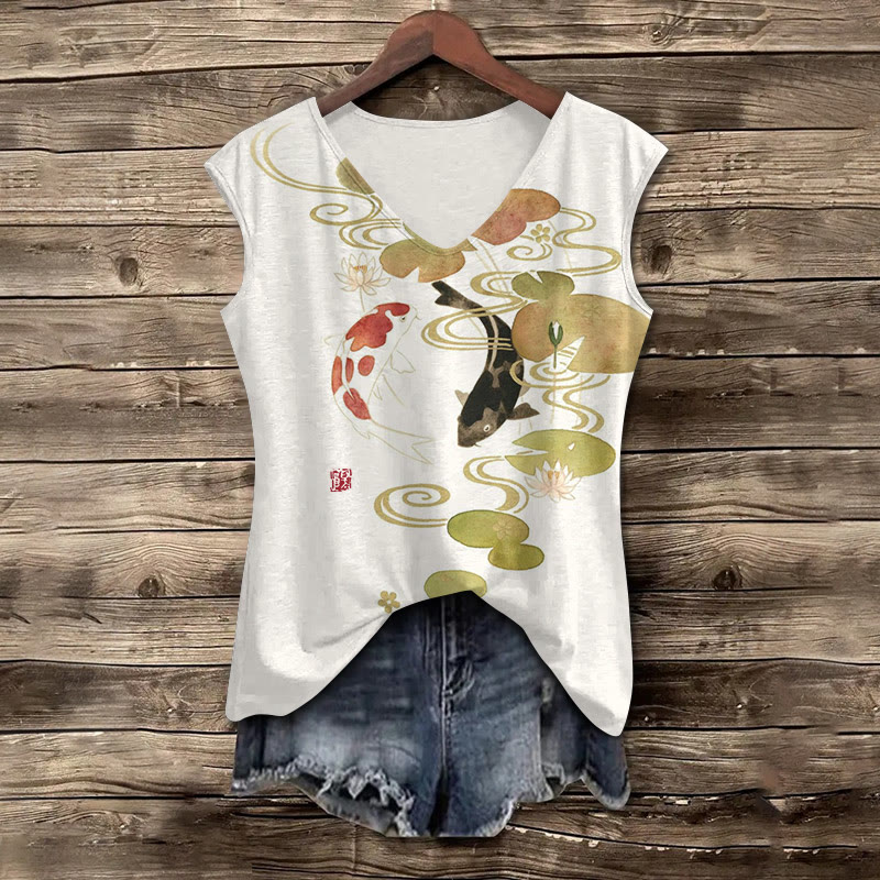 Japanese Retro Lotus Pond Koi Art Pattern Print V-neck Tank Top - White - 5XL - image 1