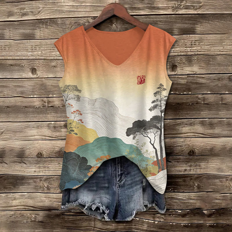 Japanese Retro Mountain Forest Gradient Art Pattern Print V-neck Tank Top - Orange - 5XL - image 1