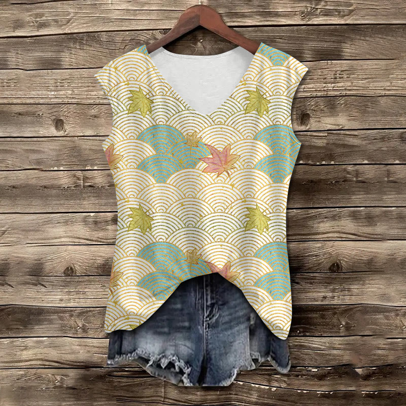 Japanese Retro Traditional Water Ripple Maple Leaves Art Pattern Print V-neck Tank Top - Apricot - 5XL - image 1