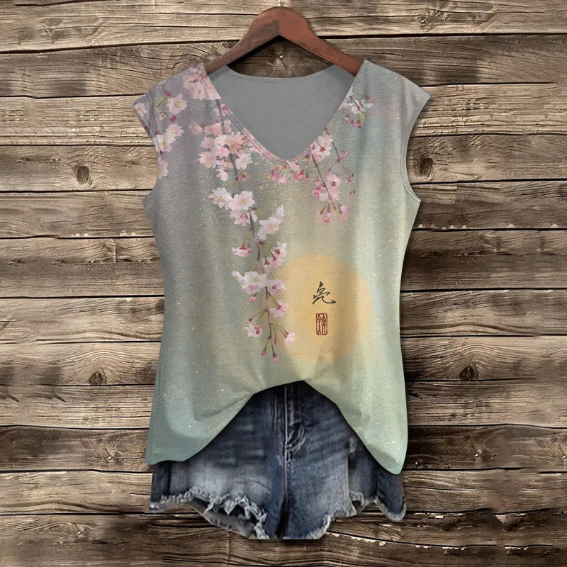 Japanese Retro Cherry Blossoms And Moonlight Art Pattern Print V-neck Tank Top - Grey - 5XL - image 1
