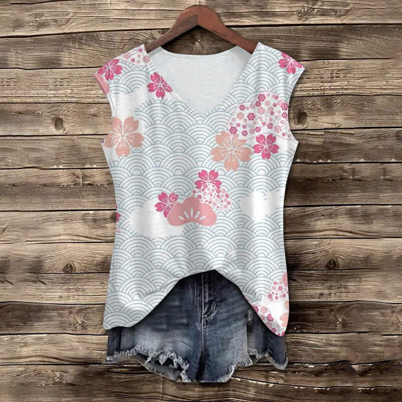 Japanese Retro Cherry Blossom Water Ripple Kimono Art Pattern Print V-neck Tank Top - White - 5XL - image 1