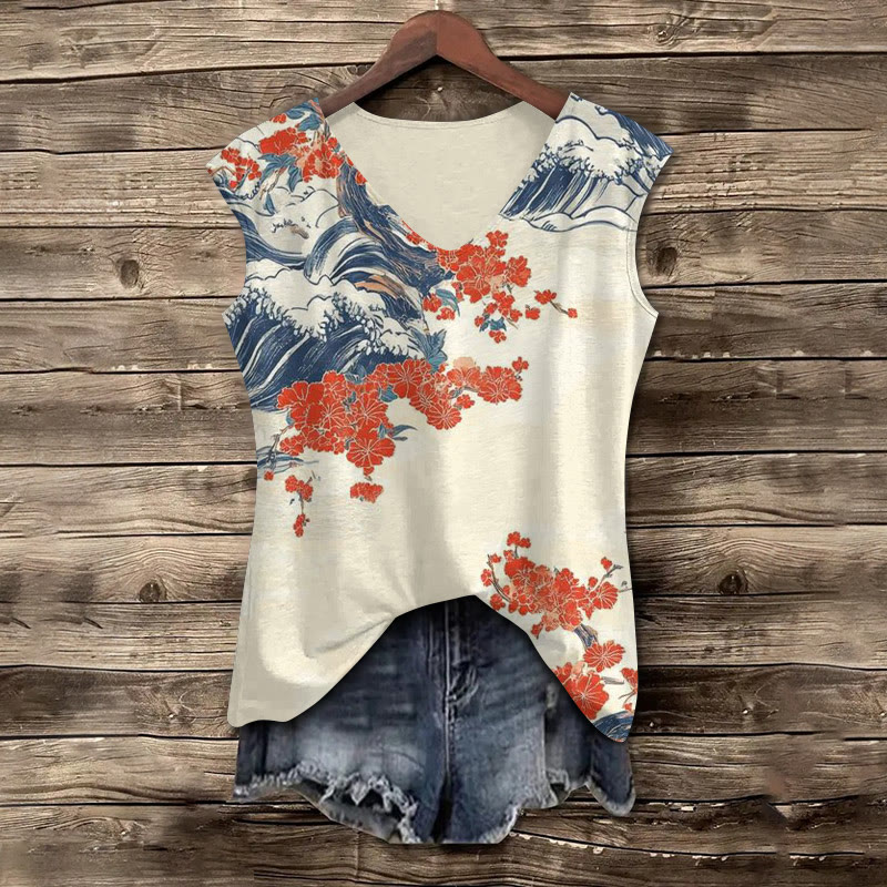 Japanese Retro Waves And Flowers Art Pattern Print V-neck Tank Top - Apricot - 5XL - image 1