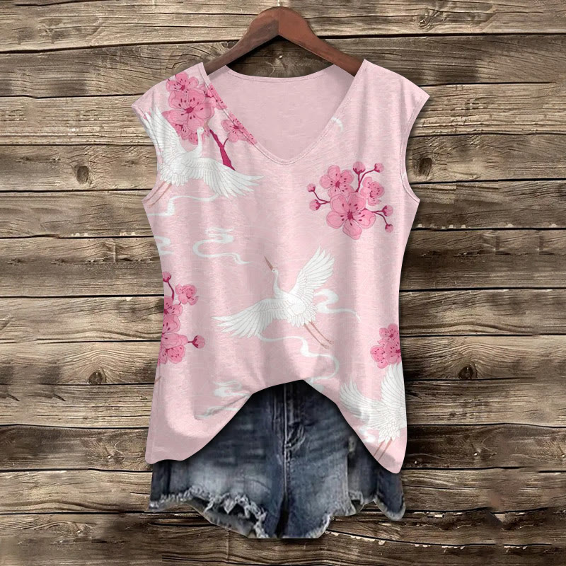 Japanese Cherry Blossoms And Cranes Art Pattern Print V-neck Tank Top - Pink - 5XL - image 1