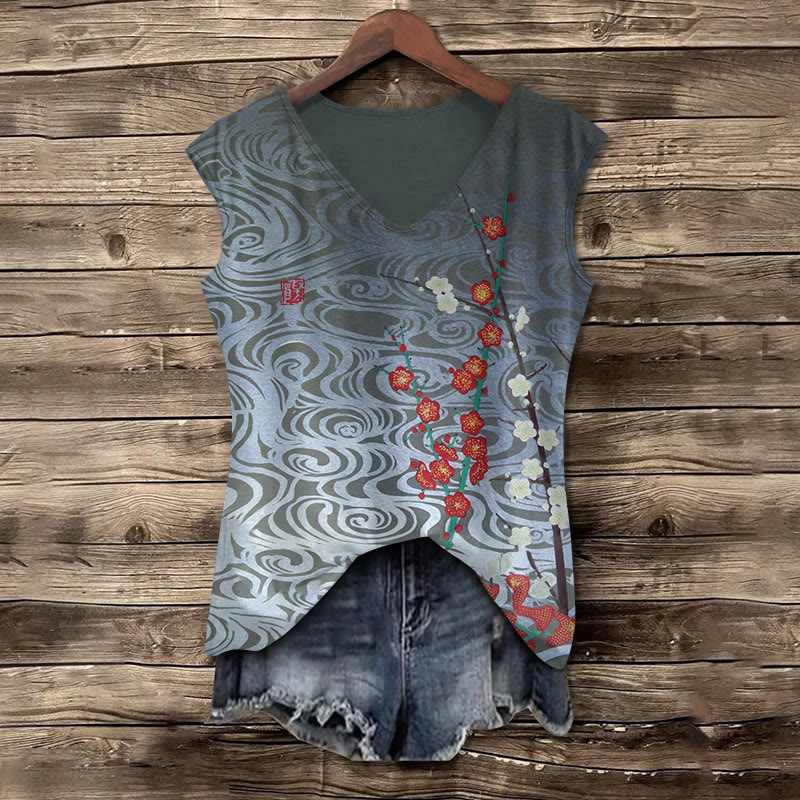 Japanese Gradient Plum Blossom Art Pattern Print V-neck Tank Top - Grey - 5XL - image 1